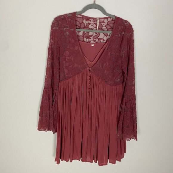 Free People Love From India Red Mini Dress Lace Boho Slip Womens Small Fairy - Picture 1 of 8